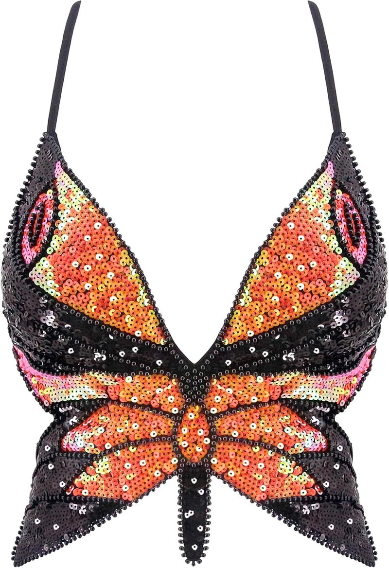Mocure Womens Glitter Sequin Butterfly Crop Top Low-Cut Tank Top Rave Tube Vest Top for Belly Dance Costume Outfits - Image 1